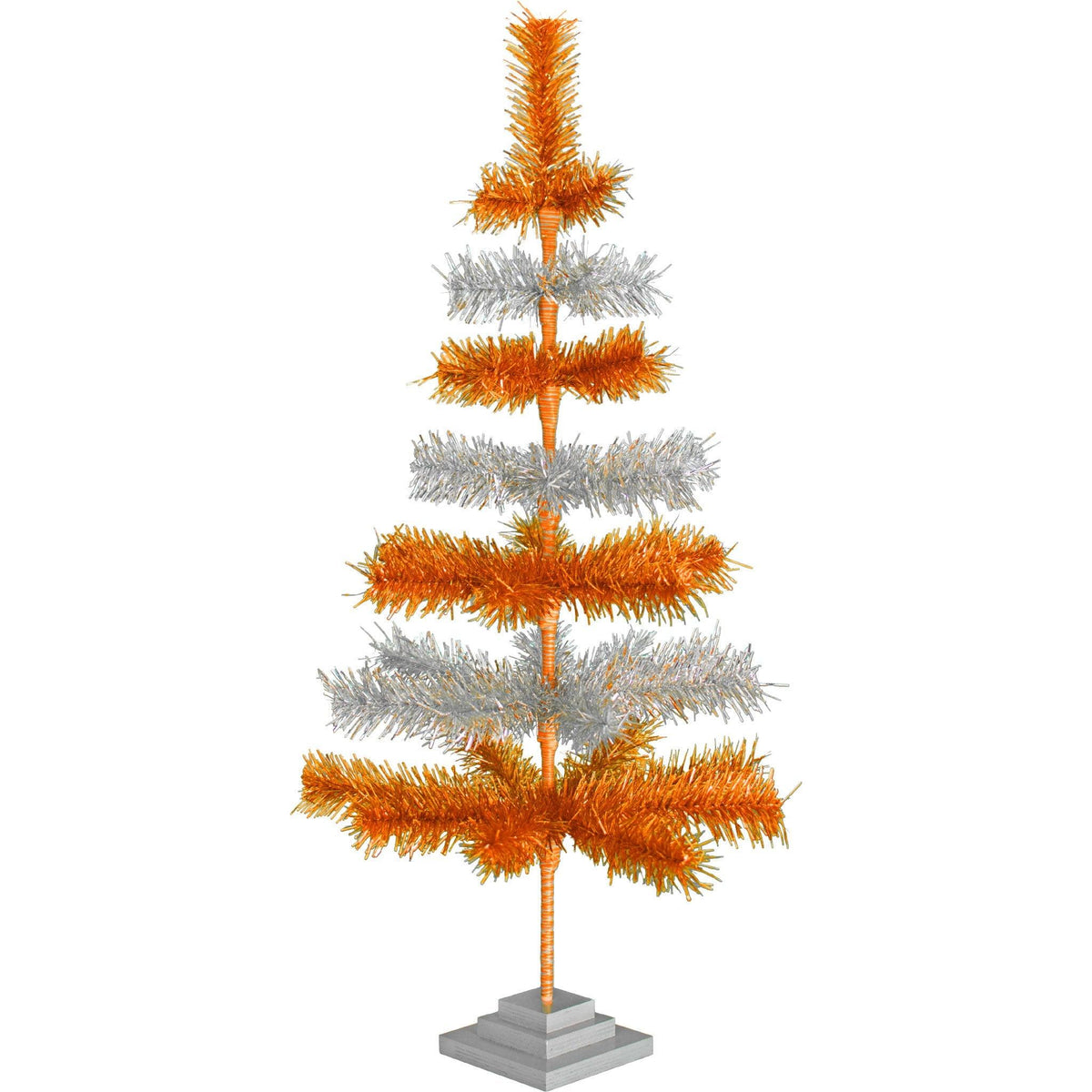 Orange & Silver Layered Tinsel Christmas Trees!    Decorate for the holidays with a Shiny Orange and Metallic Silver retro-style Christmas Tree.  On sale now at leedisplay.com