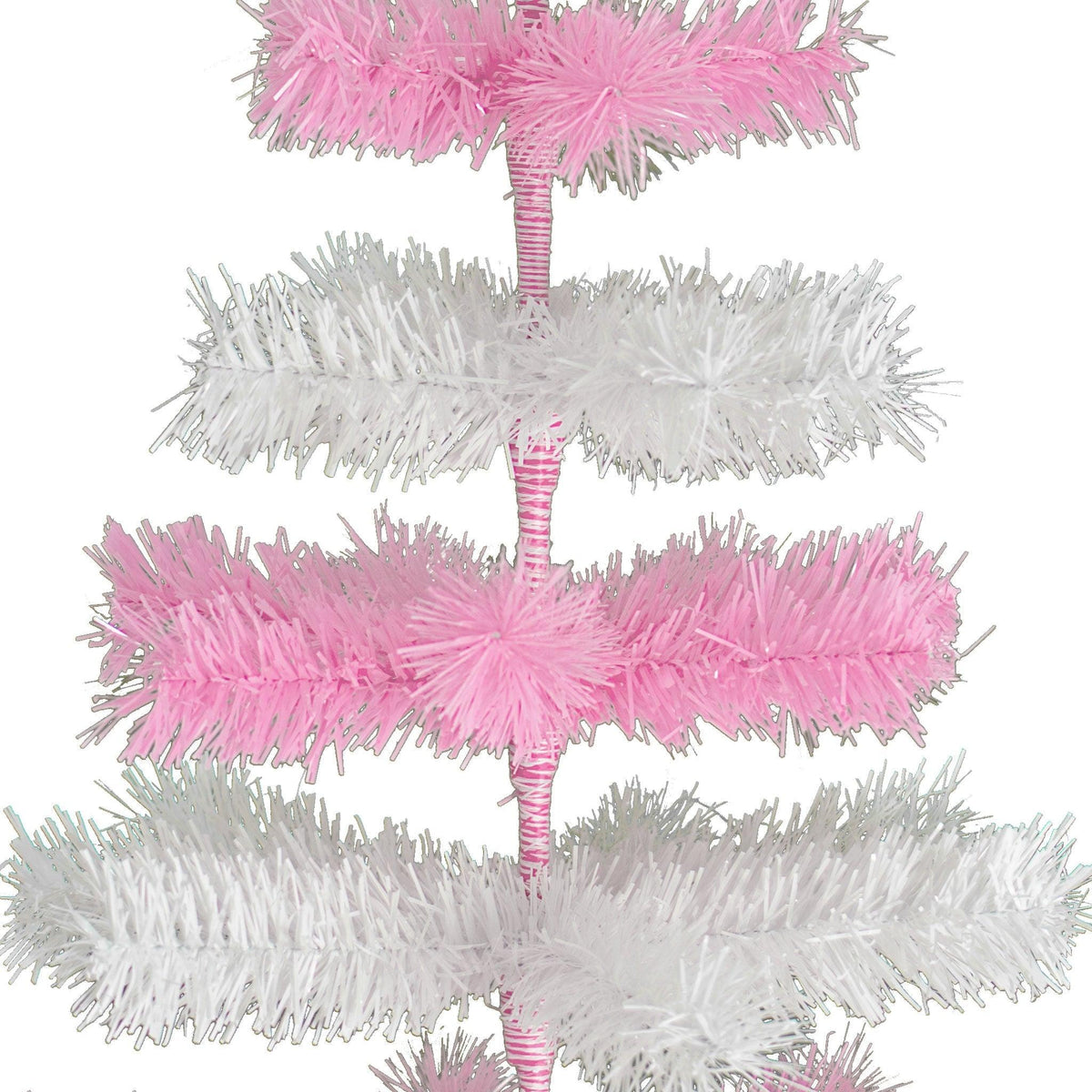 Pink & White Layered Tinsel Christmas Trees!    Decorate for the holidays with a Shiny Pink and Matte White retro-style Christmas Tree.  Incorporate a little purple and white into your holiday decorations this year. On sale at leedisplay.com