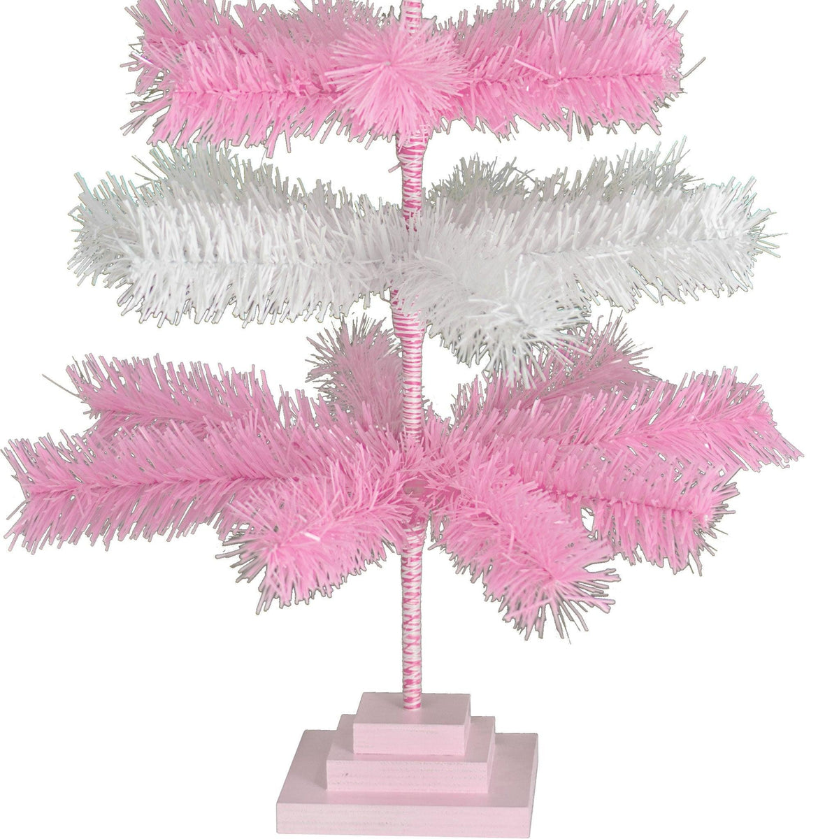 Pink & White Layered Tinsel Christmas Trees!    Decorate for the holidays with a Shiny Pink and Matte White retro-style Christmas Tree.  Incorporate a little purple and white into your holiday decorations this year. On sale at leedisplay.com