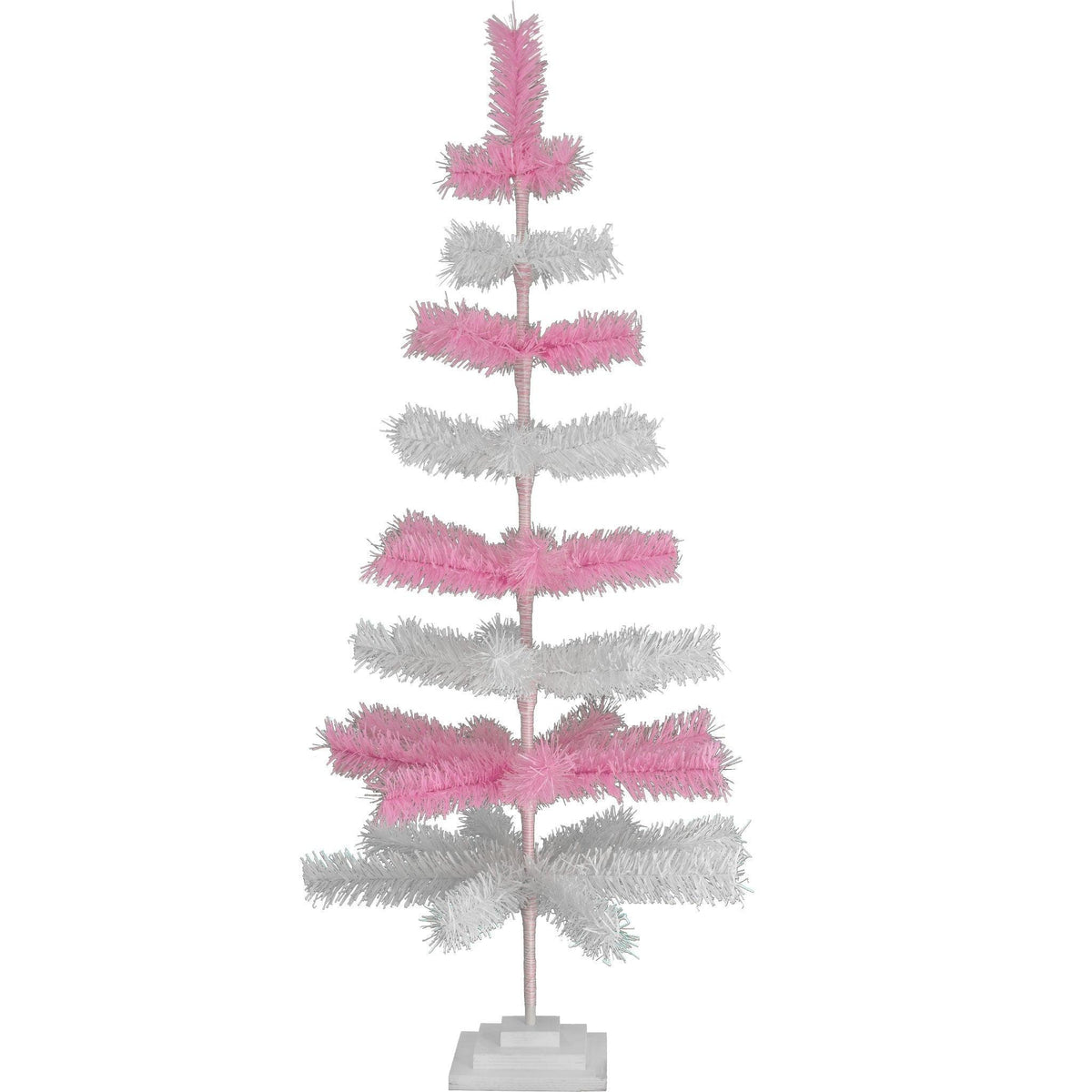 Pink & White Layered Tinsel Christmas Trees!    Decorate for the holidays with a Shiny Pink and Matte White retro-style Christmas Tree.  Incorporate a little purple and white into your holiday decorations this year. On sale at leedisplay.com