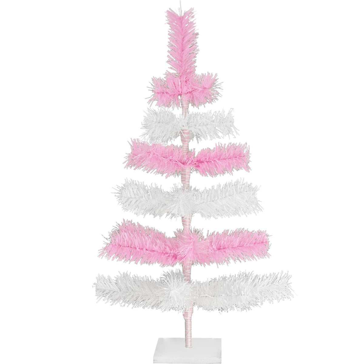 Pink & White Layered Tinsel Christmas Trees! Decorate for the holidays with a Shiny Pink and Matte White retro-style Christmas Tree. Incorporate a little purple and white into your holiday decorations this year. On sale at leedisplay.com