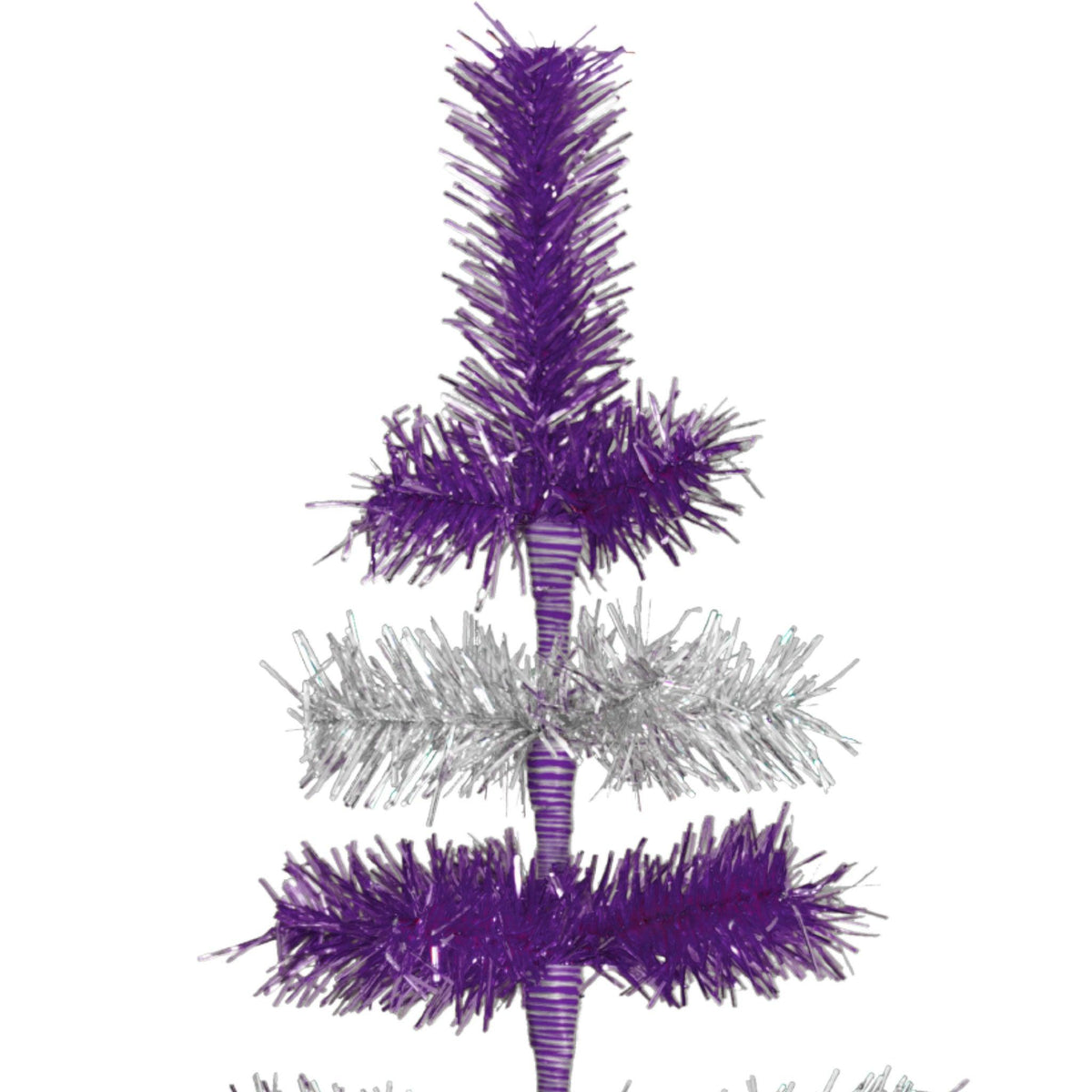 Purple & Silver Layered Tinsel Christmas Trees!    Decorate for the holidays with a Shiny Purple and Metallic Silver retro-style Christmas Tree.  On sale now at leedisplay.com