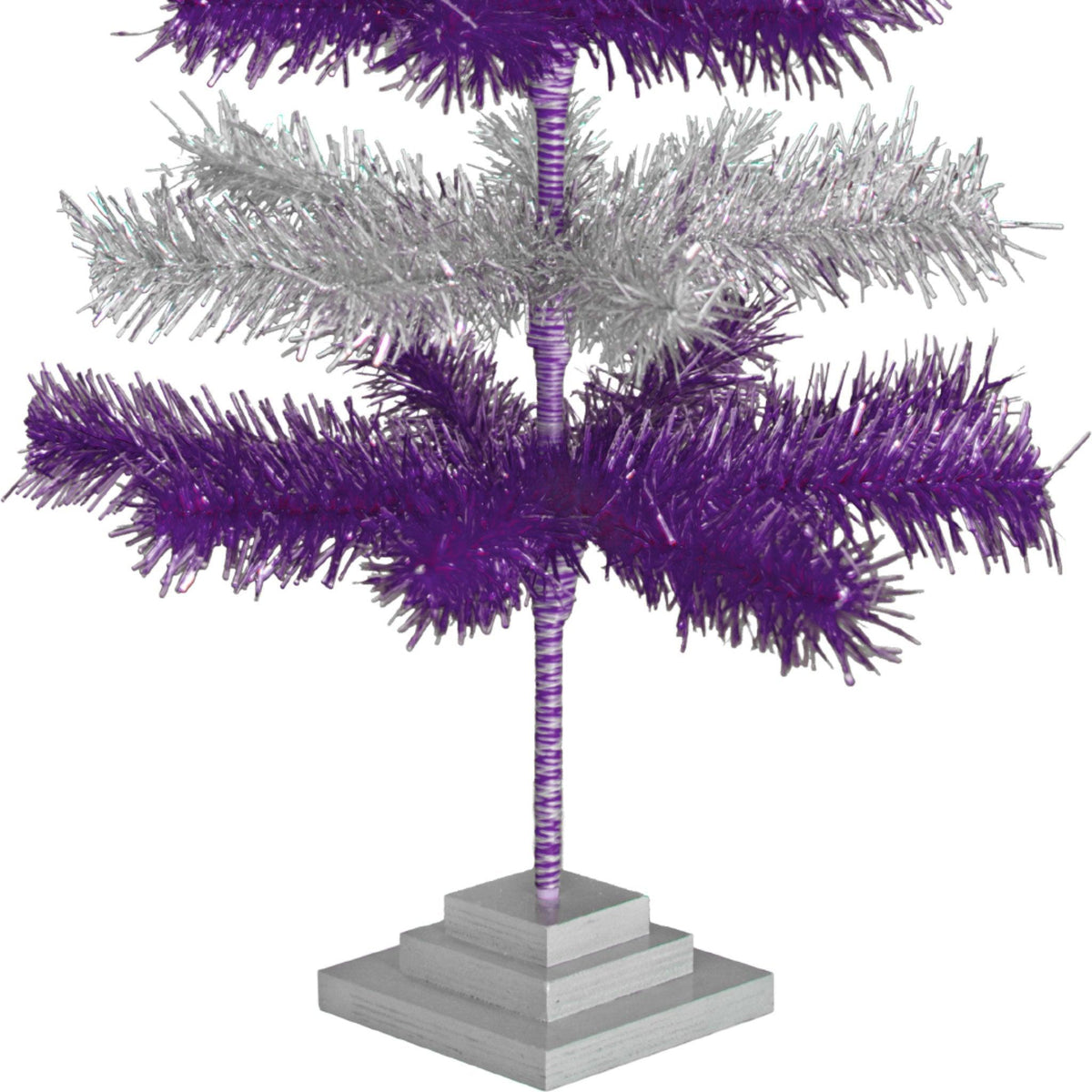 Purple & Silver Layered Tinsel Christmas Trees!    Decorate for the holidays with a Shiny Purple and Metallic Silver retro-style Christmas Tree.  On sale now at leedisplay.com