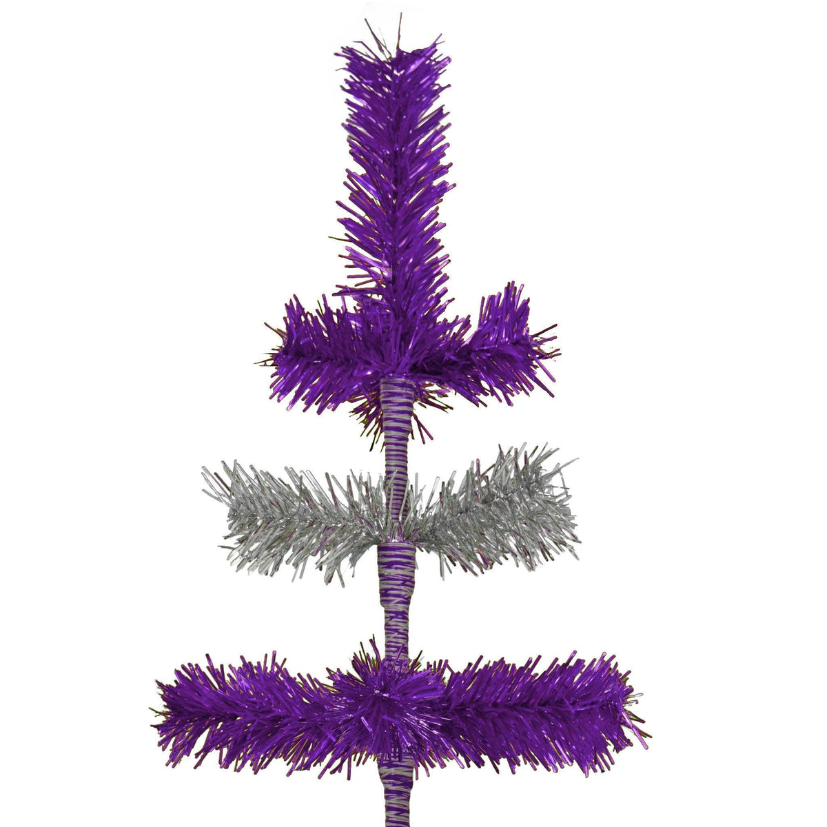 48in Tall Purple & Silver Layered Tinsel Christmas Trees! Decorate for the holidays with a Shiny Purple and Metallic Silver retro-style Christmas Tree. On sale now at leedisplay.com