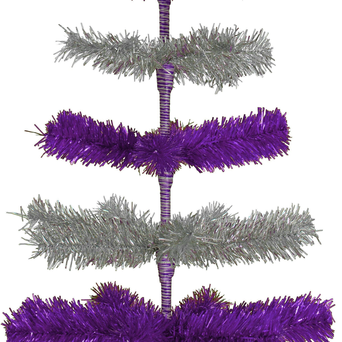 48in Tall Purple & Silver Layered Tinsel Christmas Trees! Decorate for the holidays with a Shiny Purple and Metallic Silver retro-style Christmas Tree. On sale now at leedisplay.com