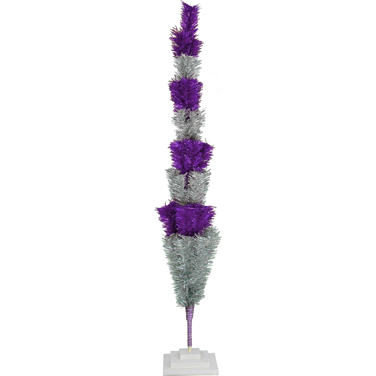 48in Tall Purple & Silver Layered Tinsel Christmas Trees! Decorate for the holidays with a Shiny Purple and Metallic Silver retro-style Christmas Tree. On sale now at leedisplay.com