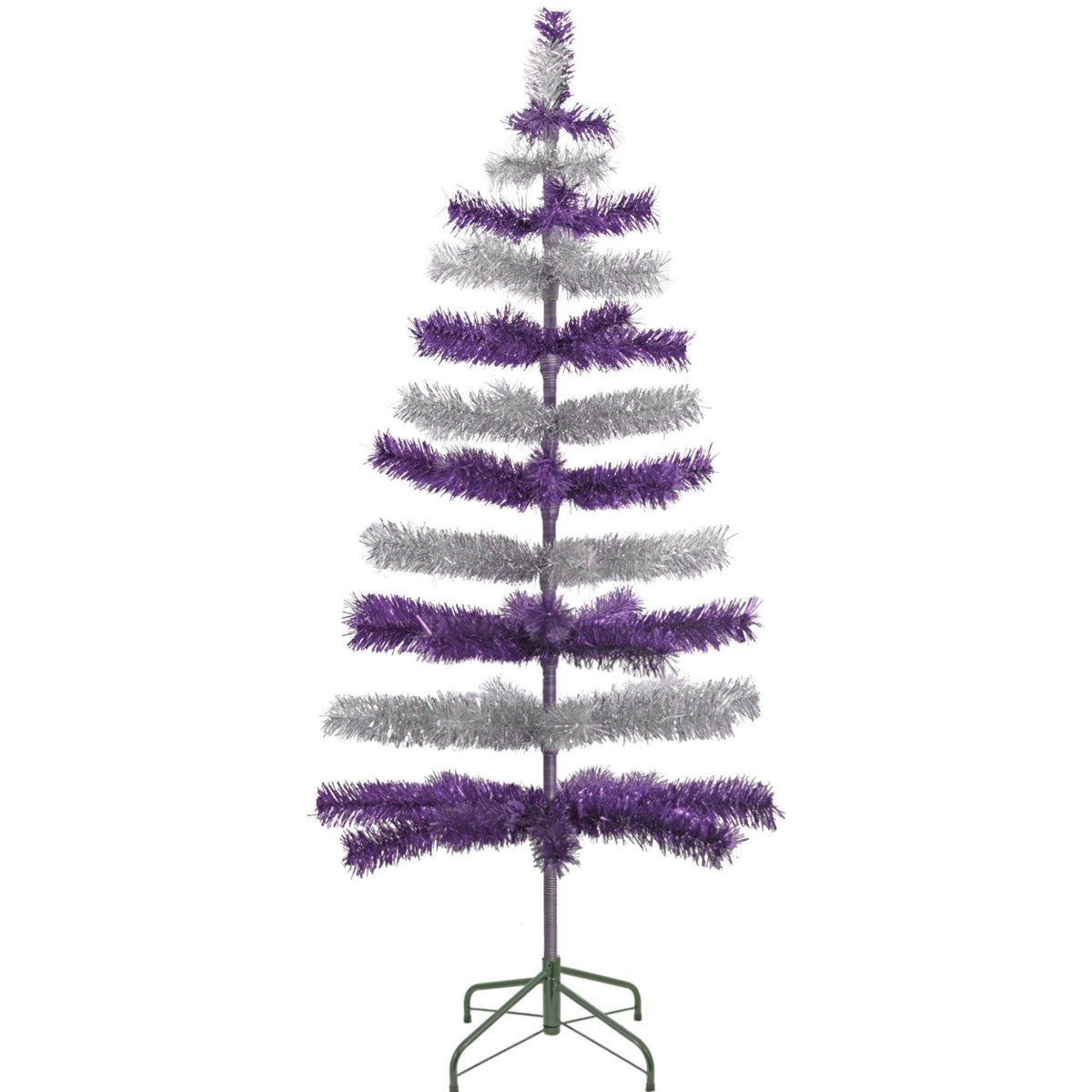 Purple & Silver Layered Tinsel Christmas Trees!    Decorate for the holidays with a Shiny Purple and Metallic Silver retro-style Christmas Tree.  On sale now at leedisplay.com