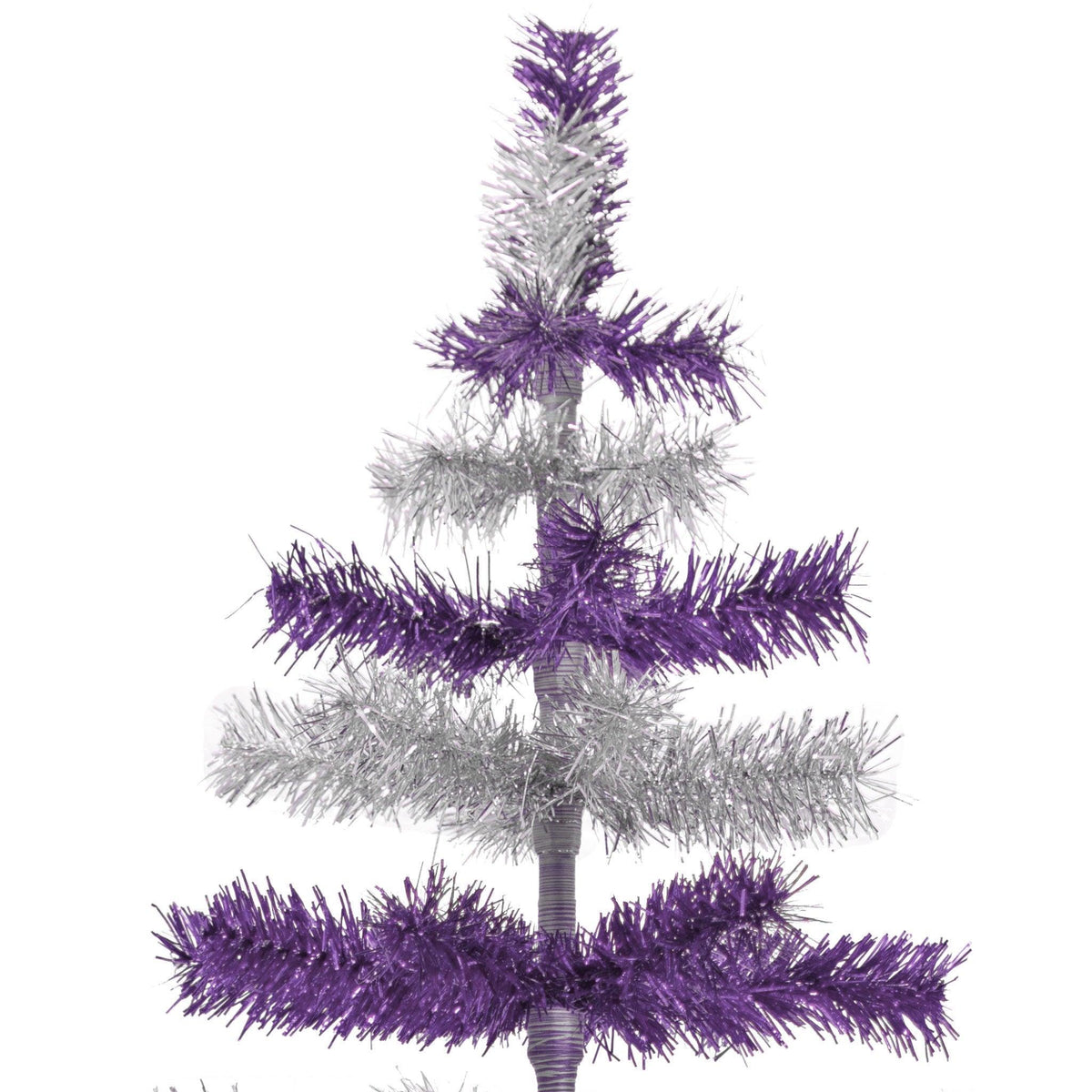 Purple & Silver Layered Tinsel Christmas Trees!    Decorate for the holidays with a Shiny Purple and Metallic Silver retro-style Christmas Tree.  On sale now at leedisplay.com