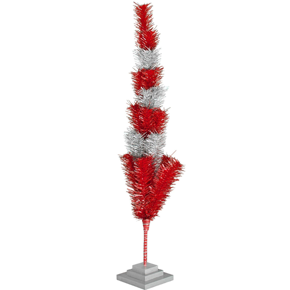 Red & Silver Layered Tinsel Christmas Trees!    Decorate for the holidays with a Shiny Red and Metallic Silver retro-style Christmas Tree.  On sale now at leedisplay.com