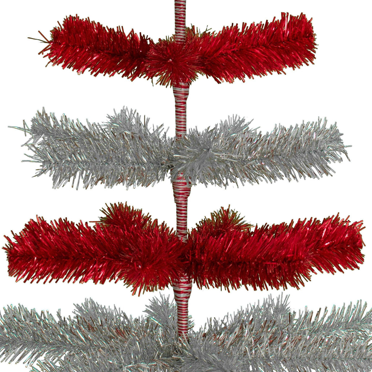 48in Tall Red & Silver Layered Tinsel Christmas Trees! Decorate for the holidays with a Shiny Red and Metallic Silver retro-style Christmas Tree. On sale now at leedisplay.com