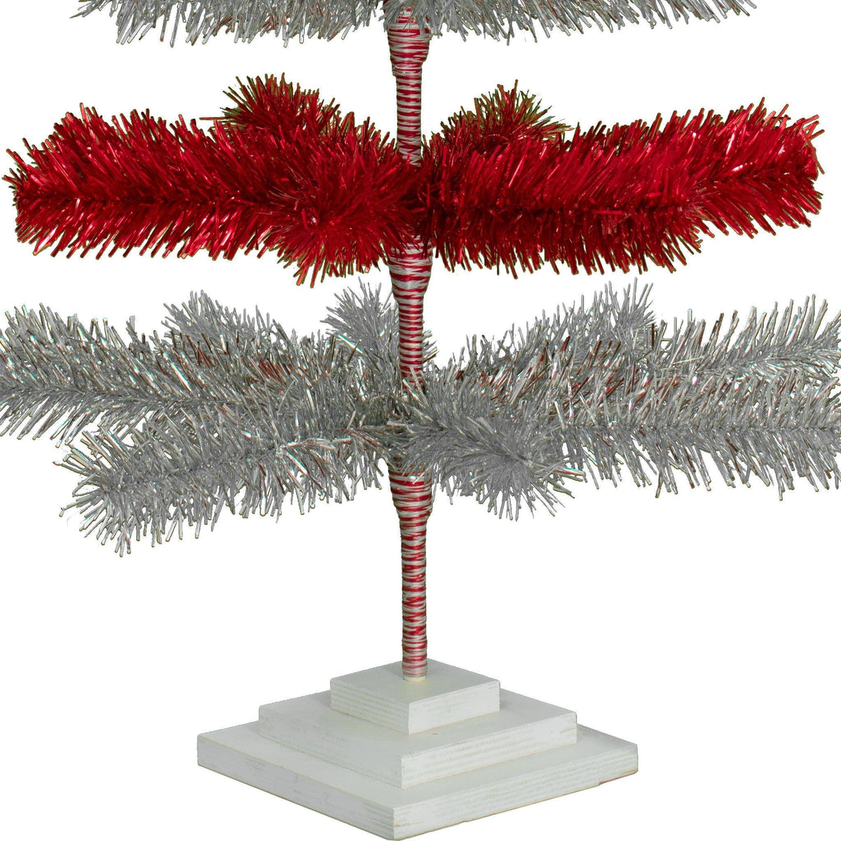 48in Tall Red & Silver Layered Tinsel Christmas Trees! Decorate for the holidays with a Shiny Red and Metallic Silver retro-style Christmas Tree. On sale now at leedisplay.com