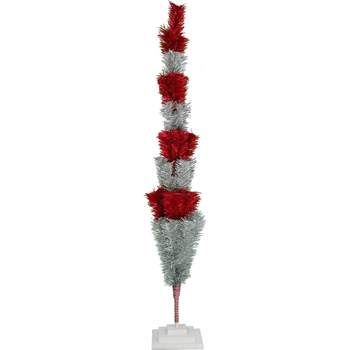 48in Tall Red & Silver Layered Tinsel Christmas Trees! Decorate for the holidays with a Shiny Red and Metallic Silver retro-style Christmas Tree. On sale now at leedisplay.com