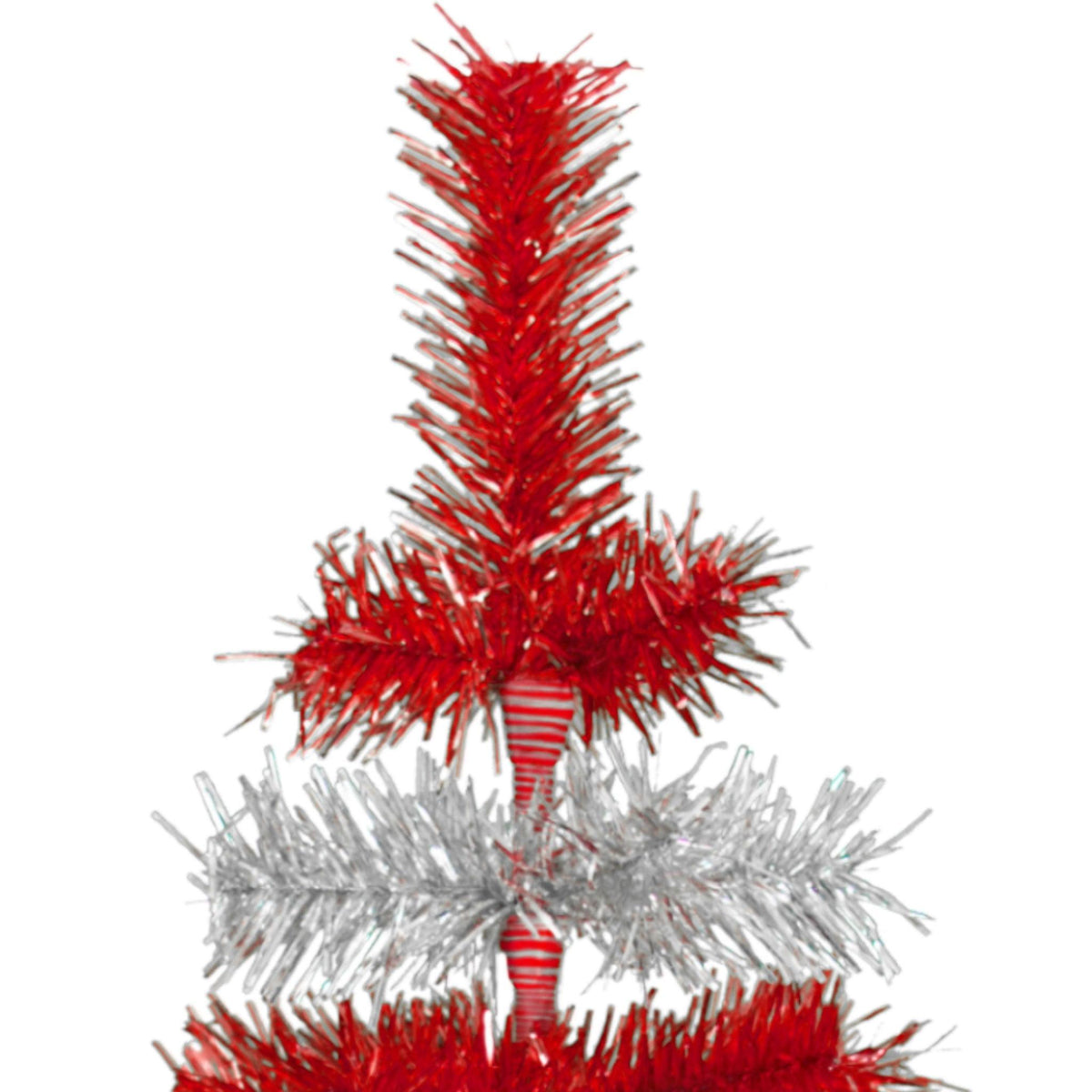 Red & Silver Layered Tinsel Christmas Trees!    Decorate for the holidays with a Shiny Red and Metallic Silver retro-style Christmas Tree.  On sale now at leedisplay.com