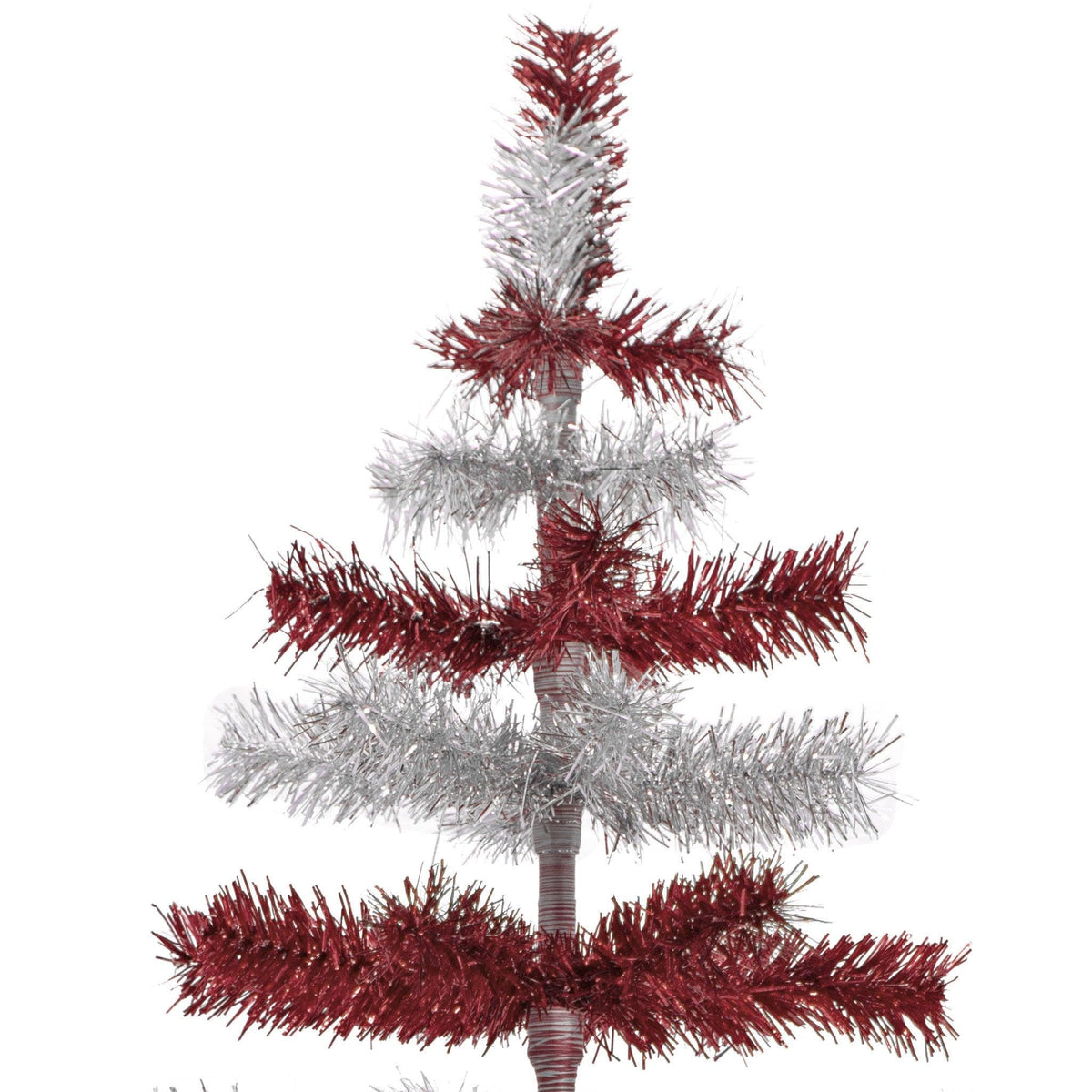 Red & Silver Layered Tinsel Christmas Trees!    Decorate for the holidays with a Shiny Red and Metallic Silver retro-style Christmas Tree.  On sale now at leedisplay.com