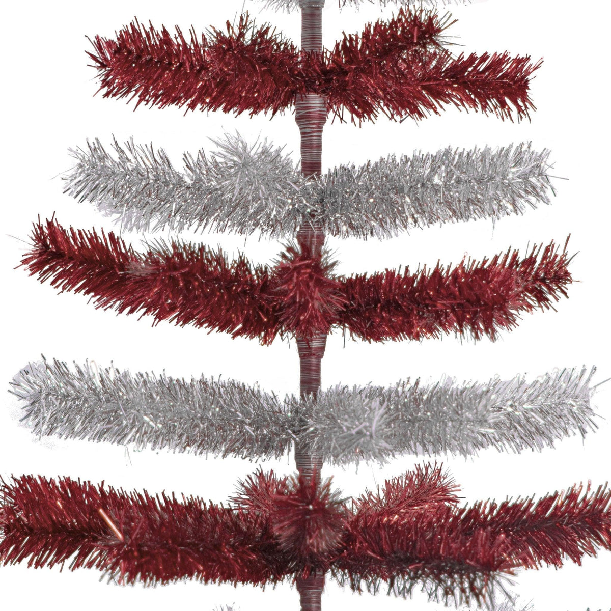 Red & Silver Layered Tinsel Christmas Trees!    Decorate for the holidays with a Shiny Red and Metallic Silver retro-style Christmas Tree.  On sale now at leedisplay.com