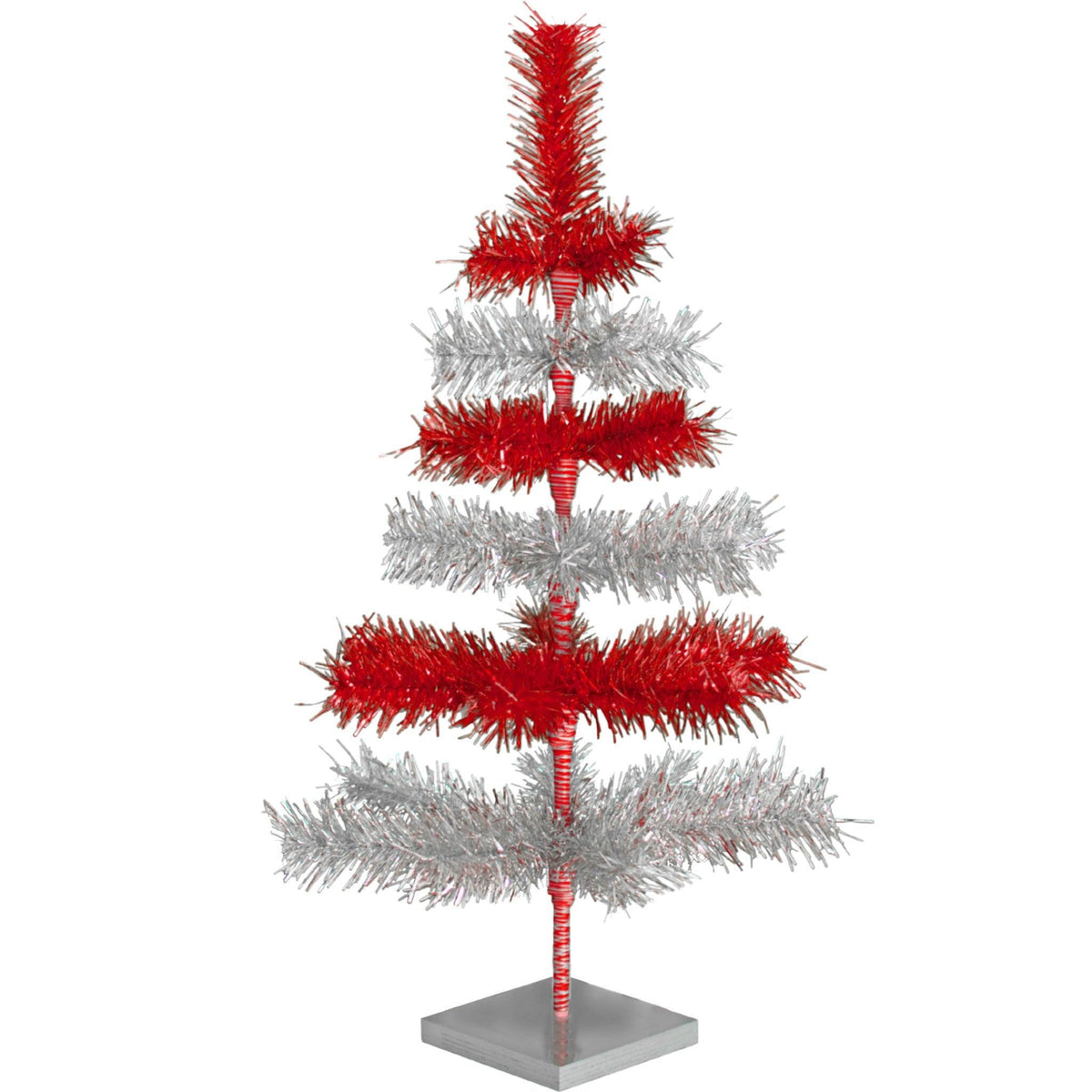 Red & Silver Layered Tinsel Christmas Trees!    Decorate for the holidays with a Shiny Red and Metallic Silver retro-style Christmas Tree.  On sale now at leedisplay.com