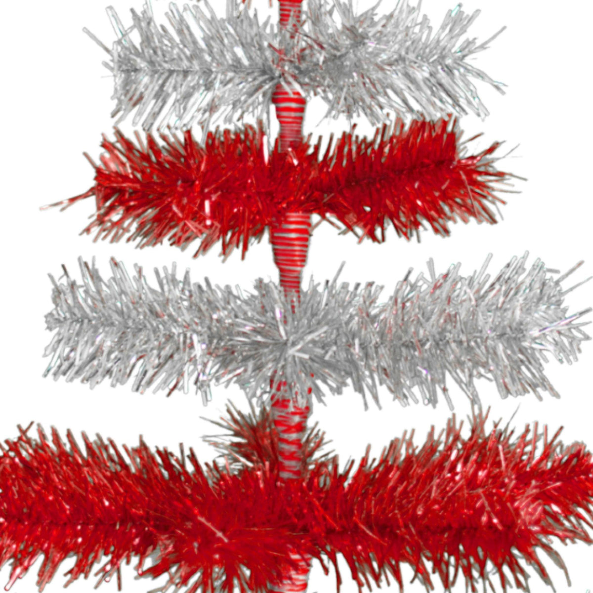 Red & Silver Layered Tinsel Christmas Trees!    Decorate for the holidays with a Shiny Red and Metallic Silver retro-style Christmas Tree.  On sale now at leedisplay.com