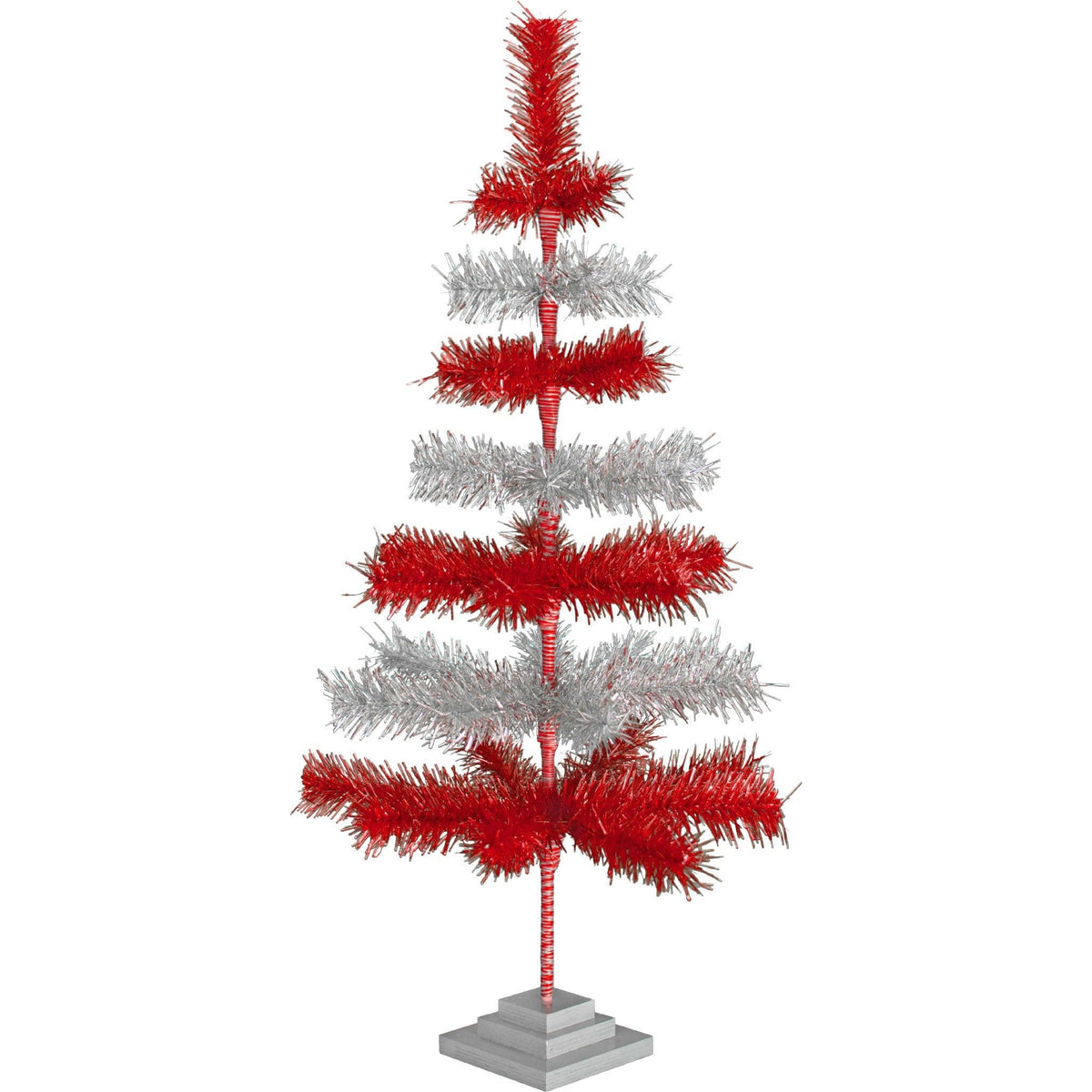 Red & Silver Layered Tinsel Christmas Trees!    Decorate for the holidays with a Shiny Red and Metallic Silver retro-style Christmas Tree.  On sale now at leedisplay.com