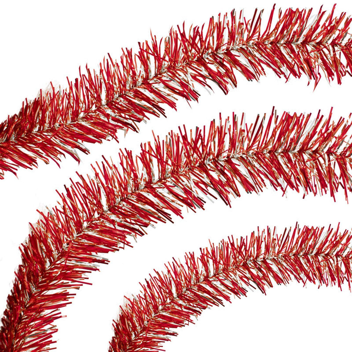 Lee Display's brand new 25ft Shiny Red and Metallic Silver Tinsel Garlands and Fringe Embellishments on sale at leedisplay.com