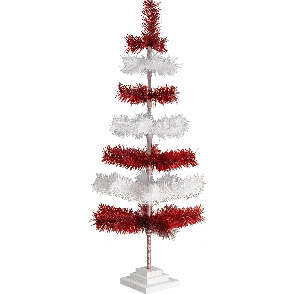 Red & White Layered Tinsel Christmas Trees!    Decorate for the holidays with a Shiny Red and Matte White retro-style Christmas Tree.  Incorporate a little white and blue into your holiday decorations this year.  Shop now at leedisplay.com