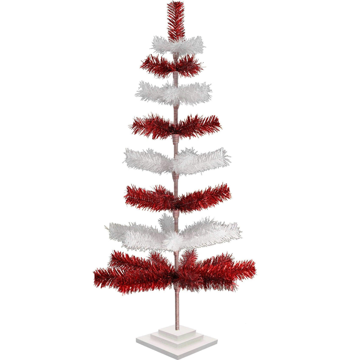 Red & White Layered Tinsel Christmas Trees!    Decorate for the holidays with a Shiny Red and Matte White retro-style Christmas Tree.  Incorporate a little white and blue into your holiday decorations this year.  Shop now at leedisplay.com