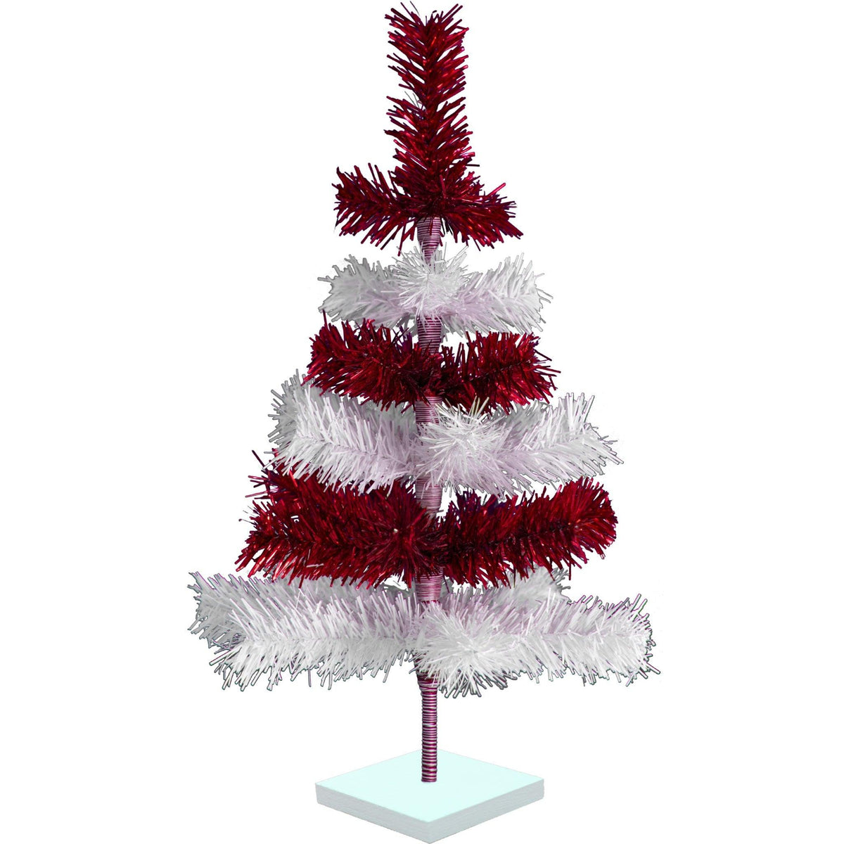 Red & White Layered Tinsel Christmas Trees!    Decorate for the holidays with a Shiny Red and Matte White retro-style Christmas Tree.  Incorporate a little white and blue into your holiday decorations this year.  Shop now at leedisplay.com