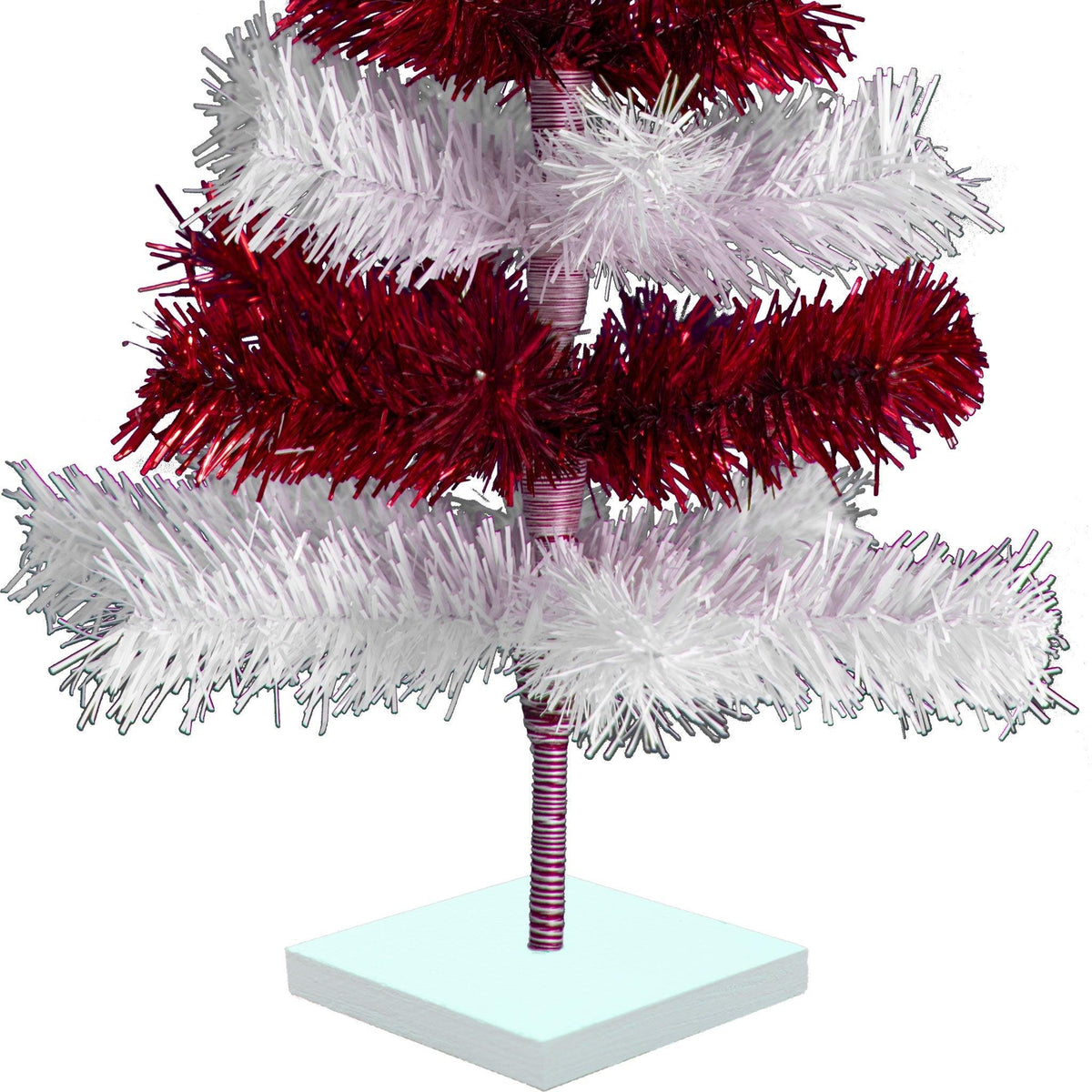 Red & White Layered Tinsel Christmas Trees!    Decorate for the holidays with a Shiny Red and Matte White retro-style Christmas Tree.  Incorporate a little white and blue into your holiday decorations this year.  Shop now at leedisplay.com