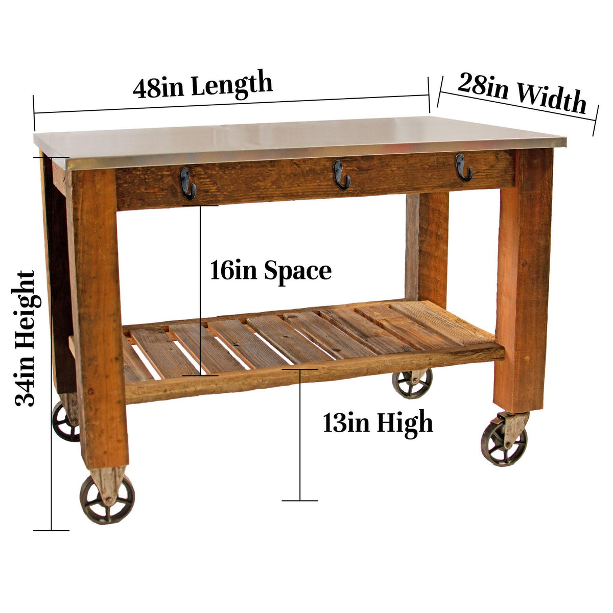 Dimensions of Lee Display's Redwood Potting Table Rolling Cart with 5in Black Casters with Hardware Included on sale now at leedisplay.com