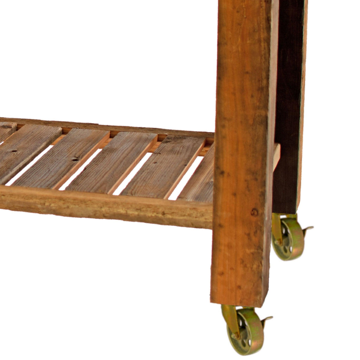 Lee Display's Redwood Potting Table Rolling Cart with 5in Gold Swivel Metal Casters and Hardware on sale now at leedisplay.com