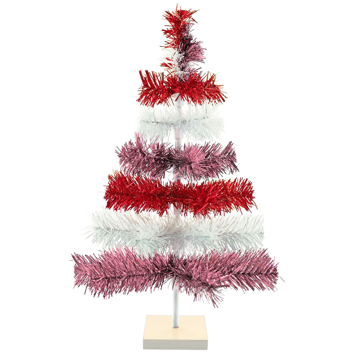 Red, White, and Pink Layered Tinsel Christmas Trees made by hand in the USA     Decorate for the holidays with retro Valentine's Day-themed Trees and start creating your centerpiece.  Shop now at leedisplay.com